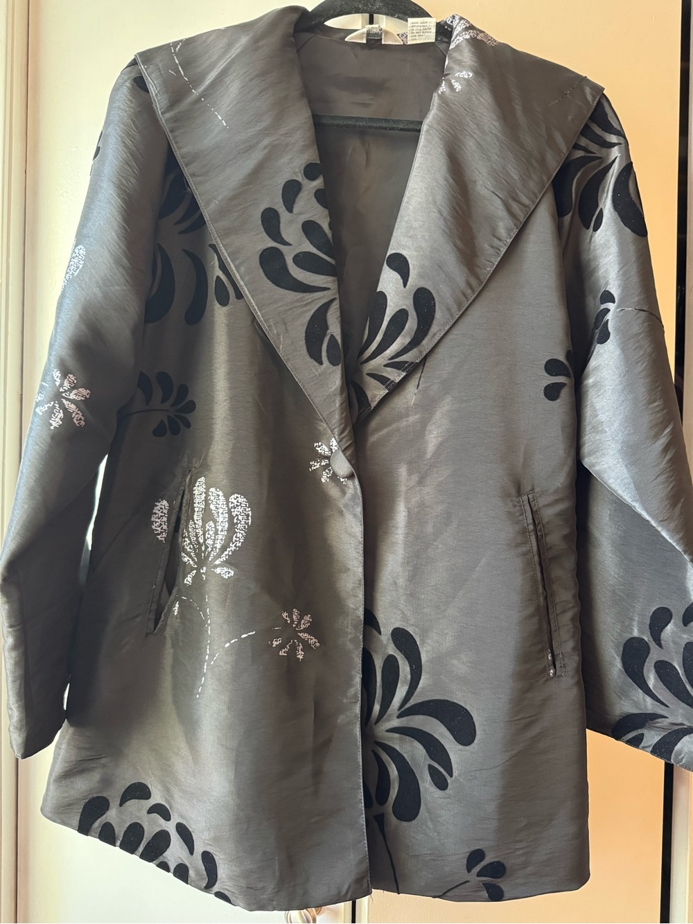 Dorman Vintage Floral Flocked Velvet Opera Coat Grey Metallic Evening Duster M